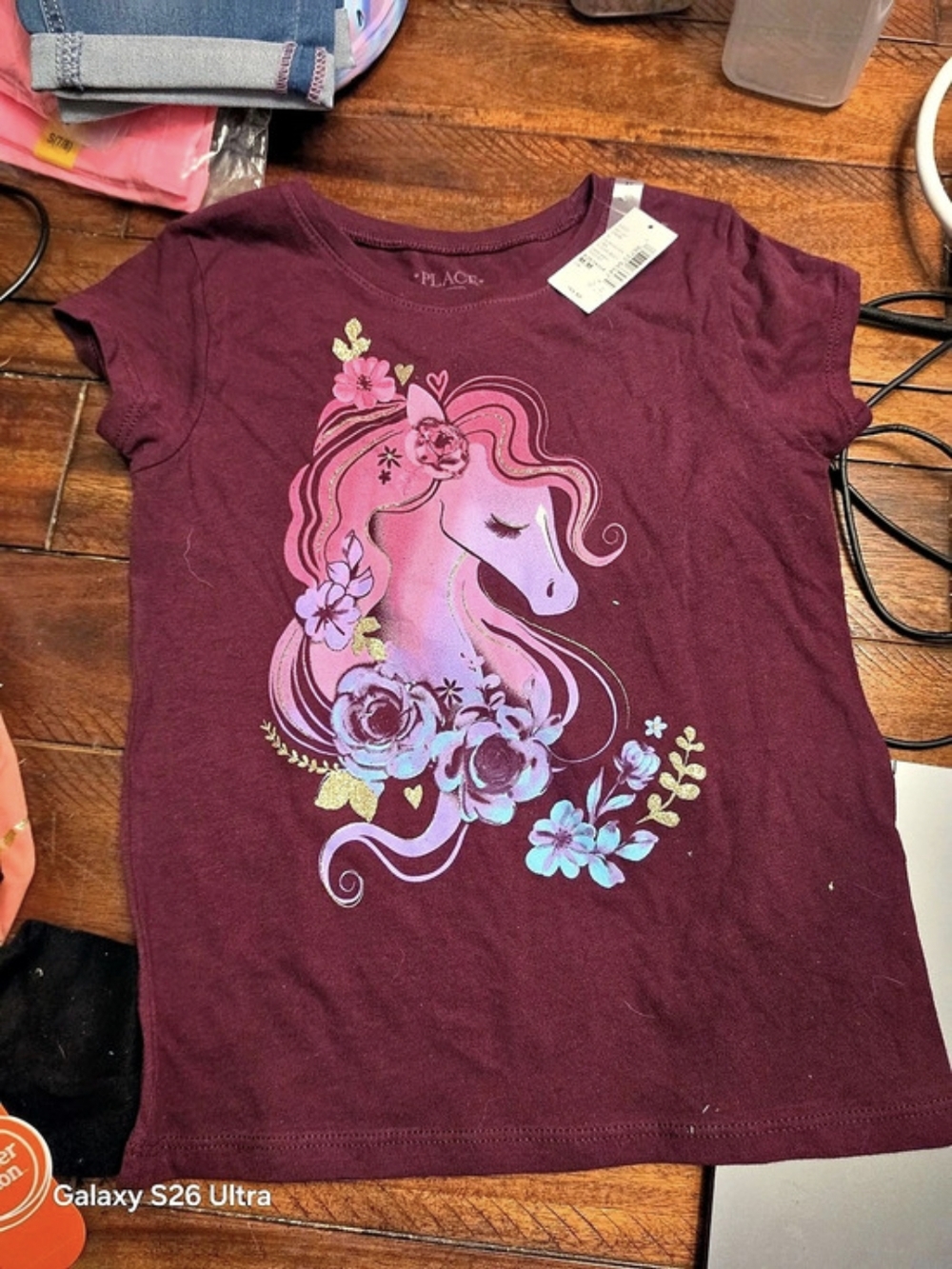 The Children's Place Girls Unicorn Floral Graphic Tee Plum & Pink Medium